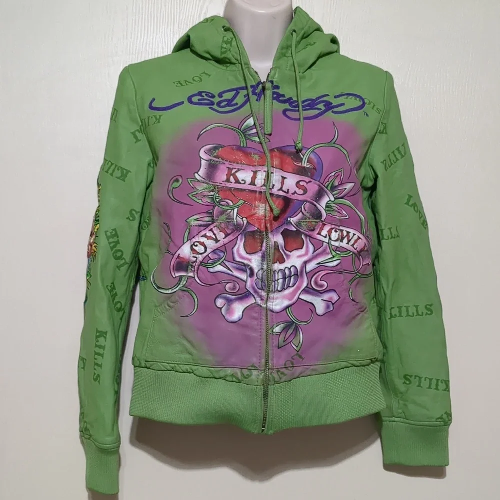 Ed Hardy by Christian Audigier Green Pink Leather Jacket hoodie Women's Medium